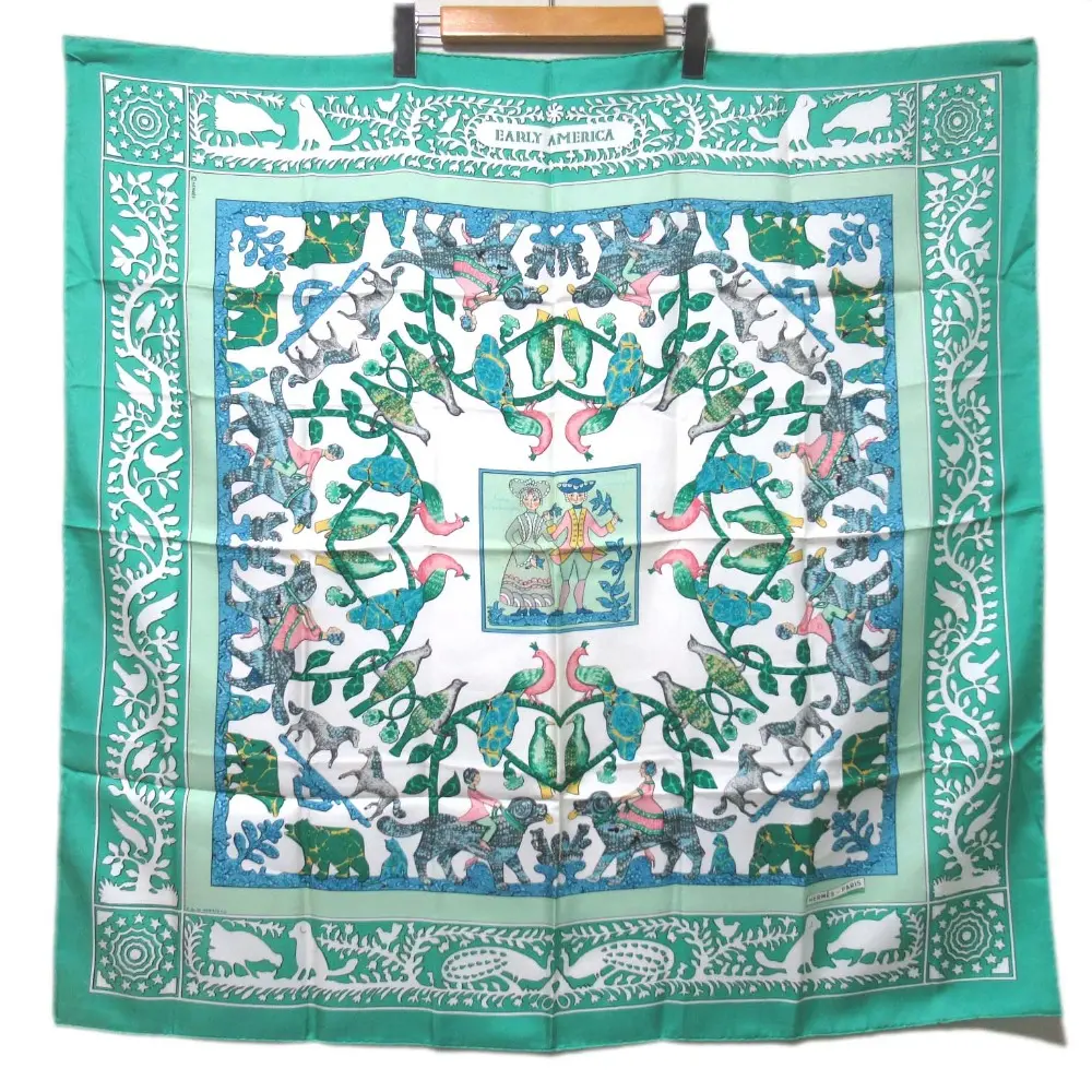HERMES エルメス カレ90 EARLY AMERICA 古き良きアメリカ シルク 大判スカーフ グリーン系