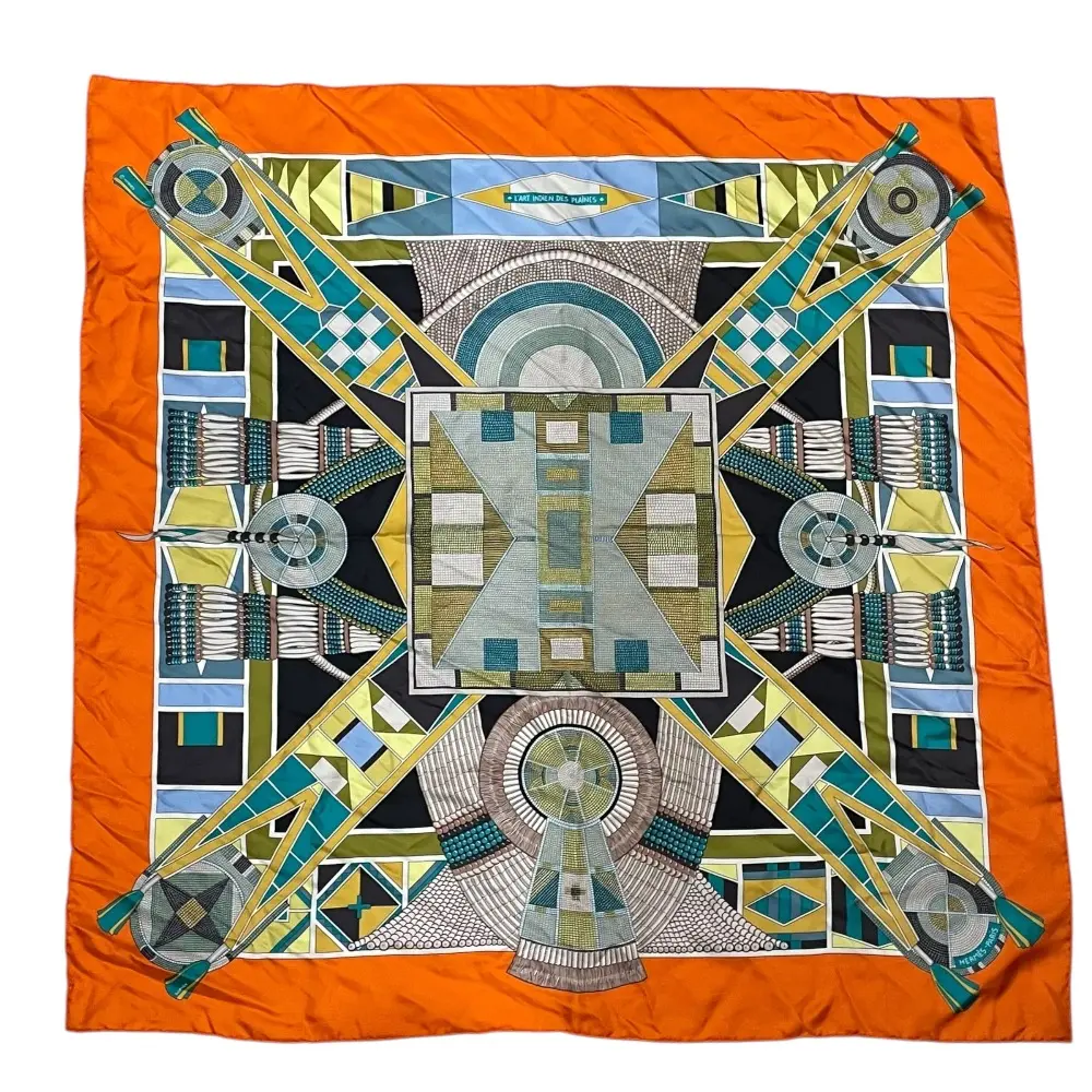 HERMES エルメス カレ90 L'ART INDIEN DES PLAINES 草原のインディアンアート シルクスカーフ オレンジ