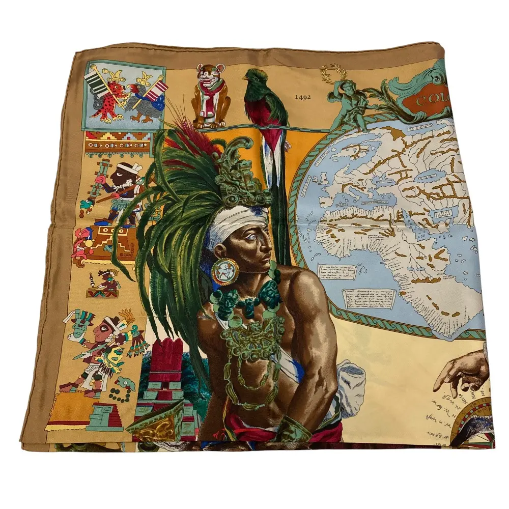HERMES エルメス カレ90 Les Ameriques COLOMBVS アメリカ大陸 シルクスカーフ ブラウン