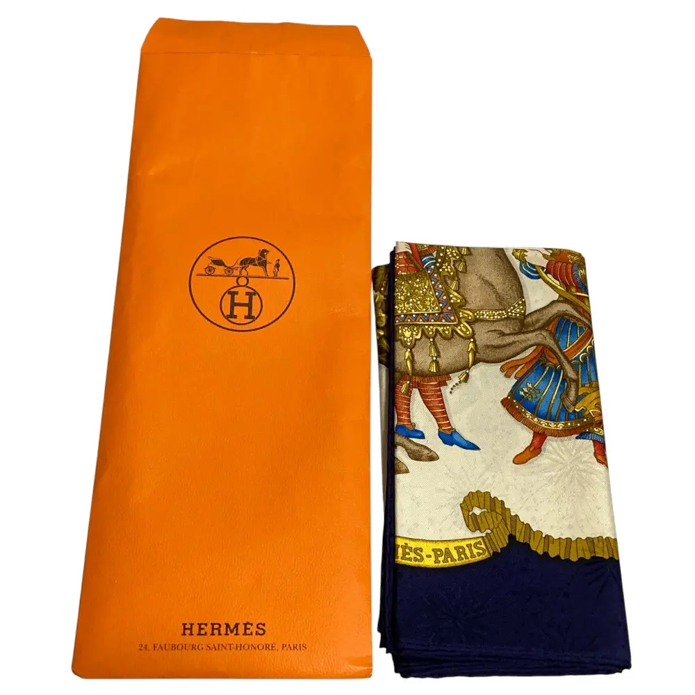 HERMES エルメス カレ 90 LES FETES DU ROI SOLEIL 太陽王の祝典 シルク スカーフ ネイビー