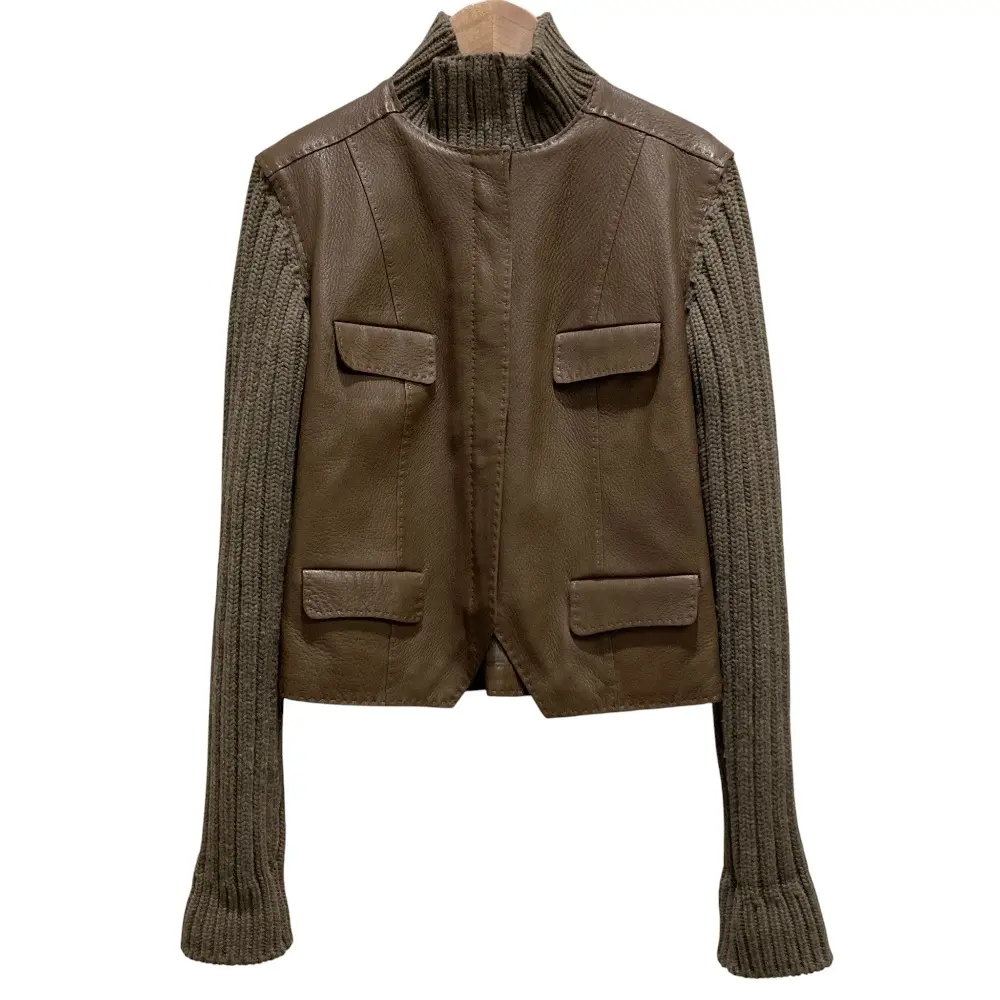HERMES エルメス ゴルチエ期 ジレレイヤードデザイン ニット レザーコンビジャケット サイズ36 ブラウン