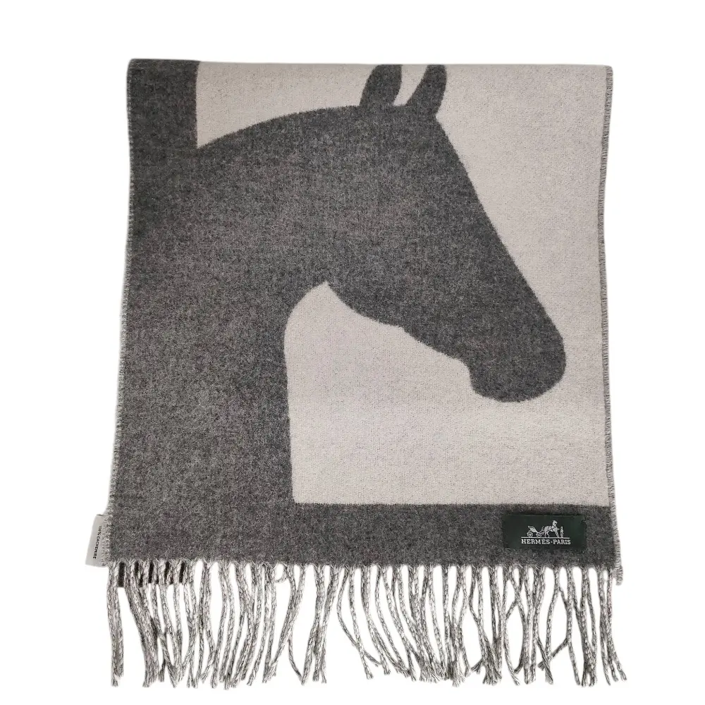 HERMES エルメス カシミヤ100％ ラブストーリー 馬柄 フリンジマフラー グレー オフホワイト