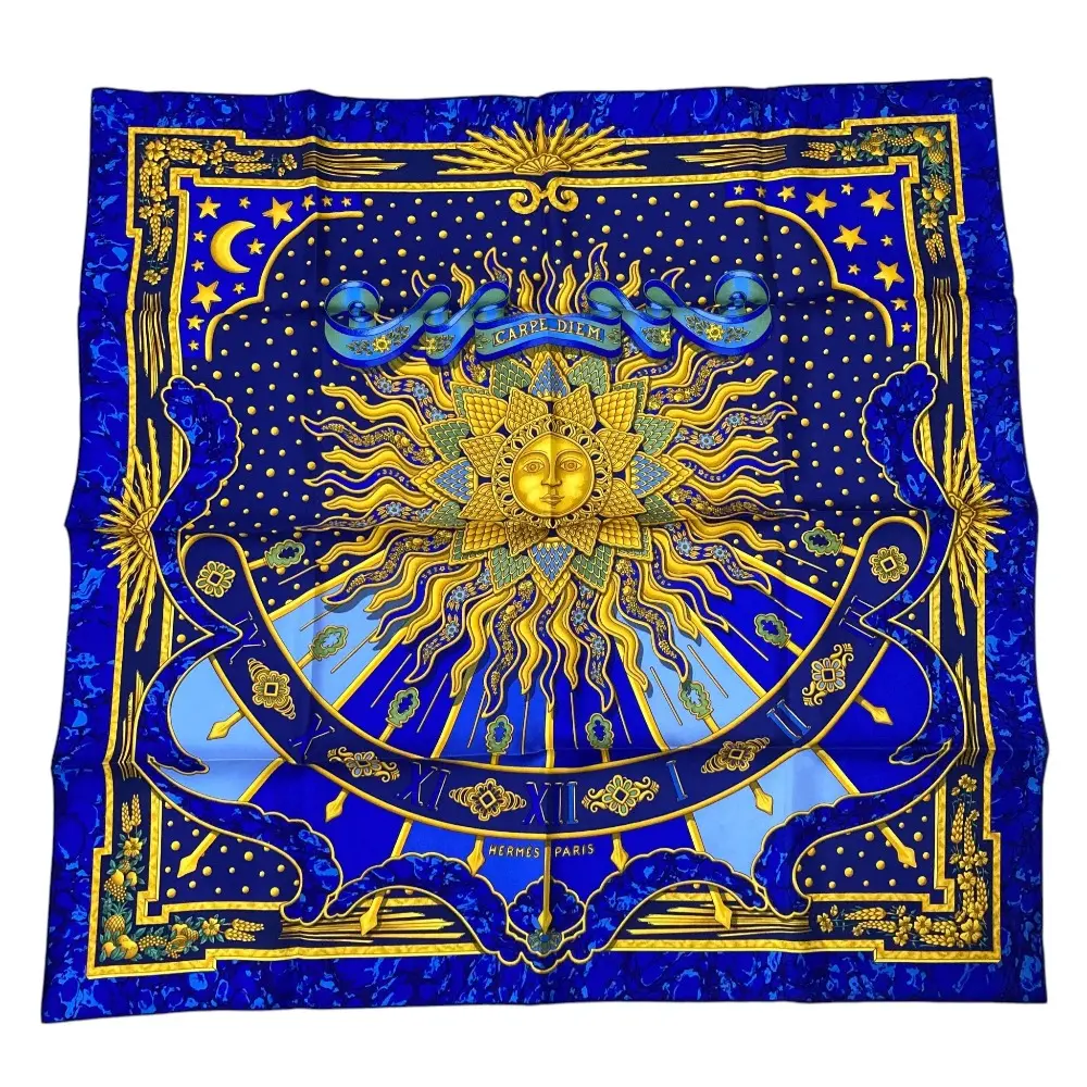 HERMES エルメス カレ90 CARPE DIEM 今日一日を楽しむ シルクスカーフ ストール ブルー×マルチカラー