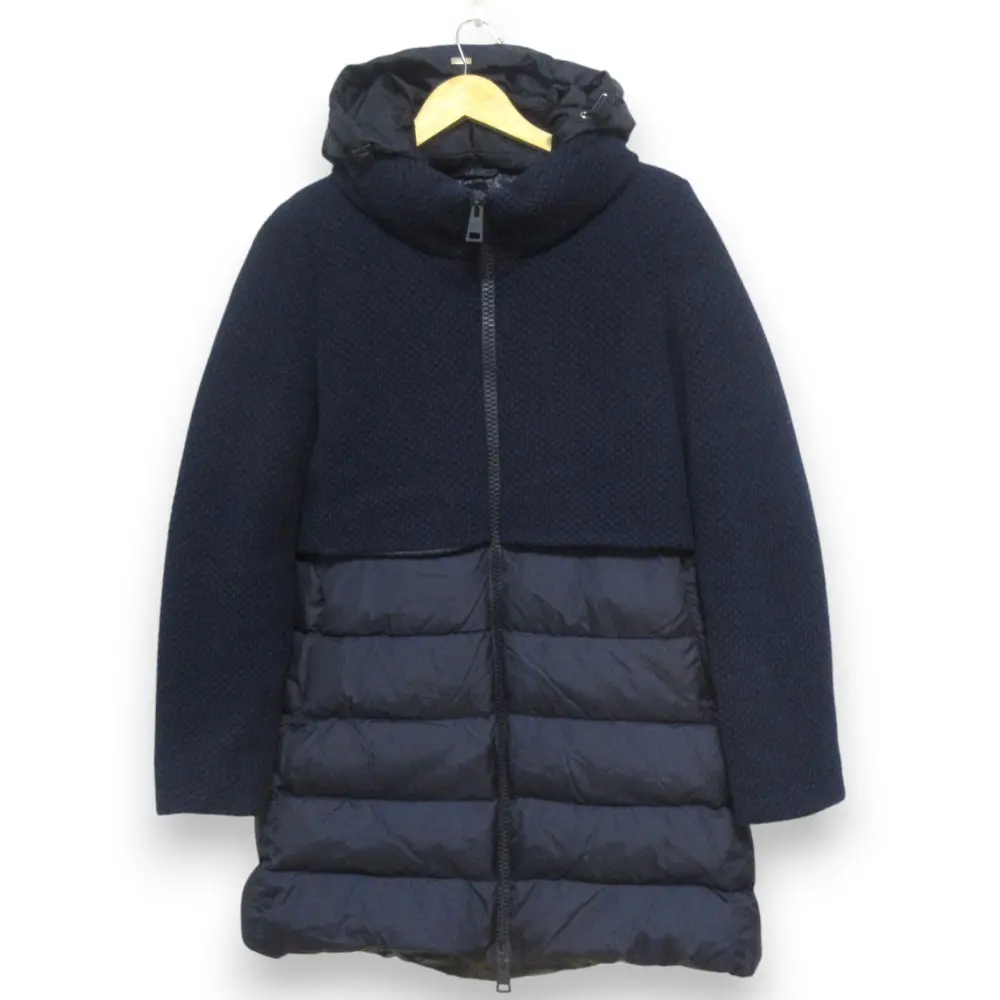 HERNO ヘルノ ポップコーン編みニット切替 フード付き セミロング丈ダウンコート P10822D-33220-9200 サイズ44 ネイビー
