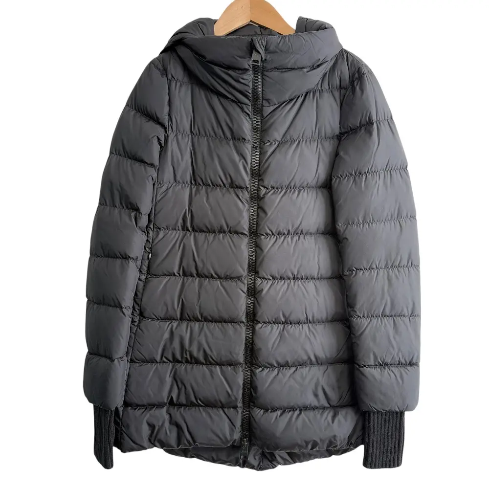 HERNO ヘルノ POLAR-TECH ポーラテック ナイロンシャモニックス Aシェイプ リブ袖ニット フーディー ダウンコート 38 ブラック