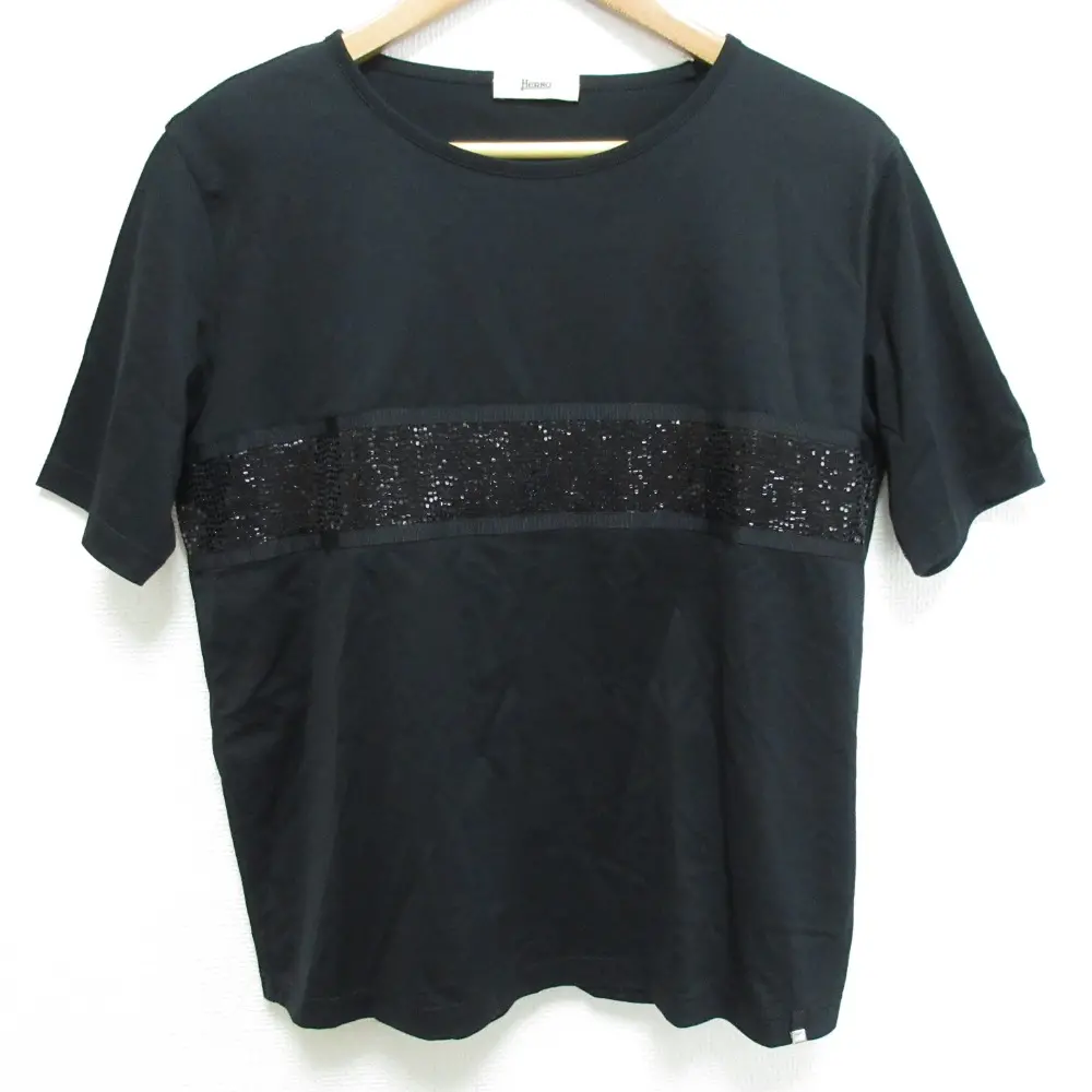 HERNO ヘルノ スパンコール ショートスリーブ クルーネック Tシャツ カットソー サイズ42 ブラック