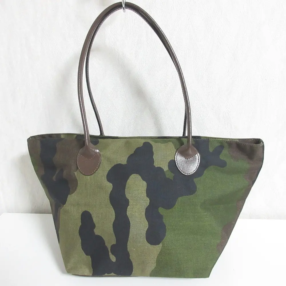 Herve Chapelier エルベシャプリエ カモフラ 迷彩柄 レザーハンドル 舟型トート セミショルダーバッグ カーキ