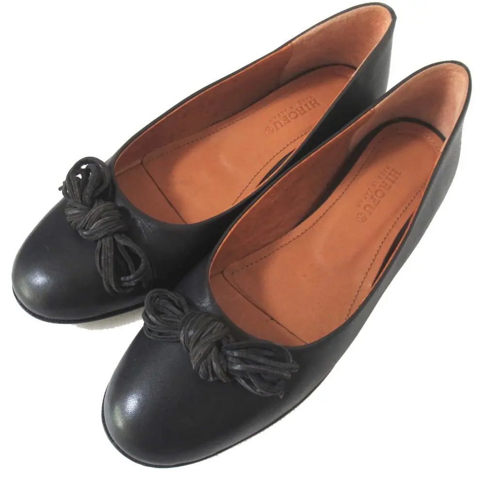 HIROFU ヒロフ レザー リボン フラットシューズ パンプス 24.5cm ブラック