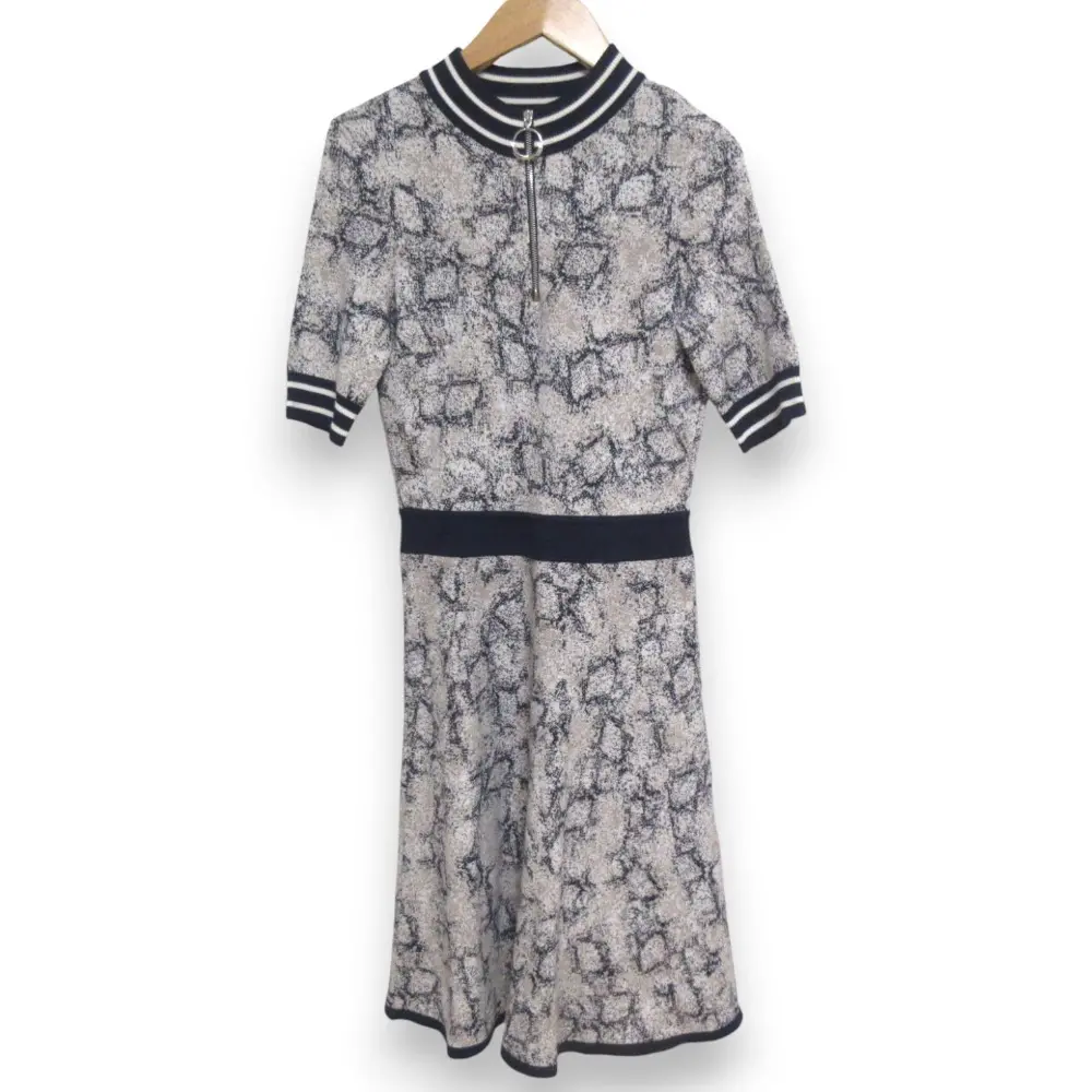 HUGO BOSS ヒューゴ ヒューゴボス Semele ジャガード ハーフジップ 半袖 ひざ丈 ニットワンピース ドレス XS ベージュ系