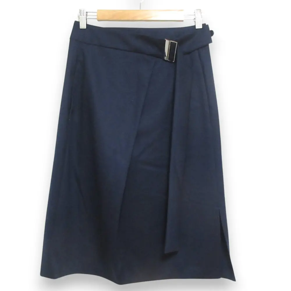 HUGO BOSS ヒューゴボス MARZOTTO マルゾット ウールブレンド ベルトドッキング ミモレ丈スカート I38 ネイビー シルバー金具