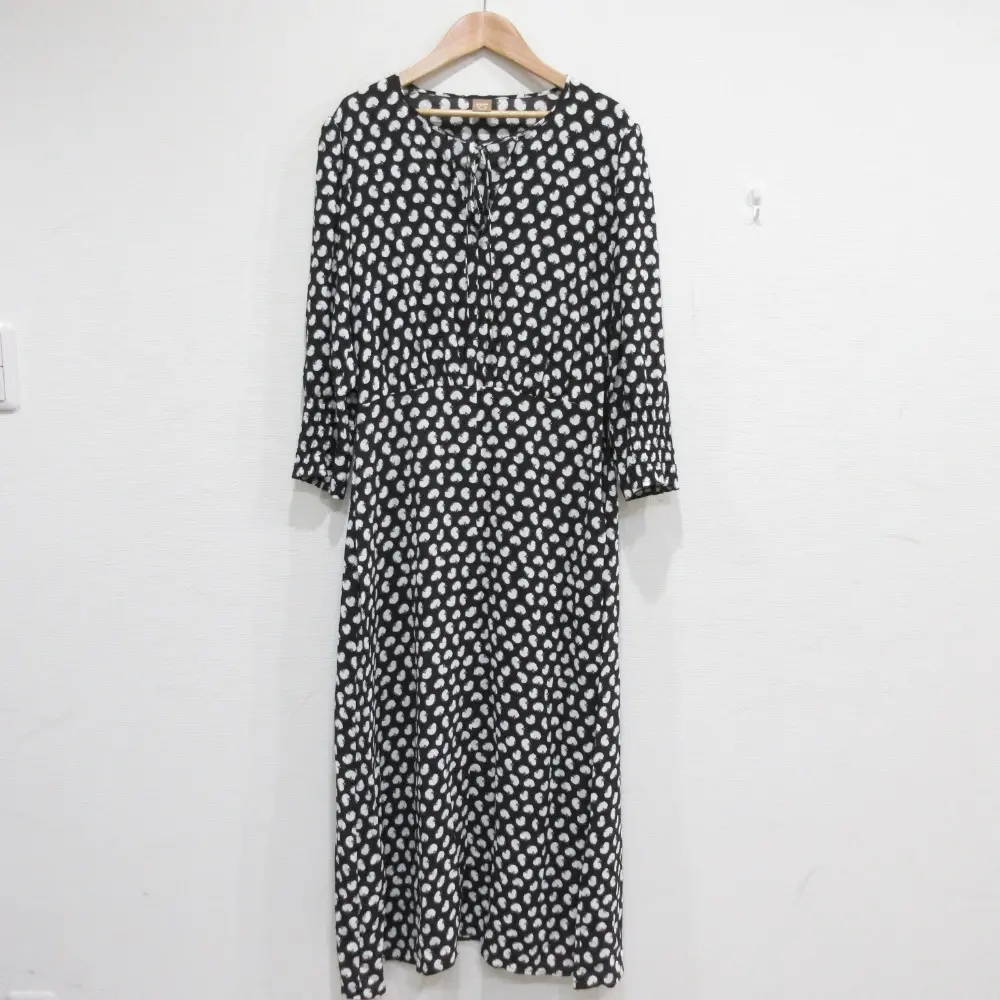 HUGO BOSS ヒューゴボス 総柄 七分袖 ロングワンピース IT40 ブラック×ホワイト