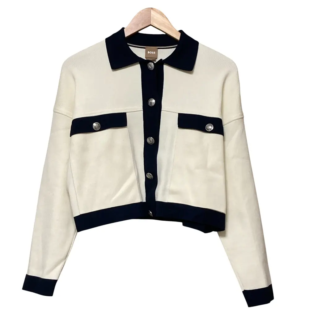 HUGO BOSS ヒューゴボス クロップド 配色 ニットジャケット ブルゾン カーディガン オフホワイト ネイビー