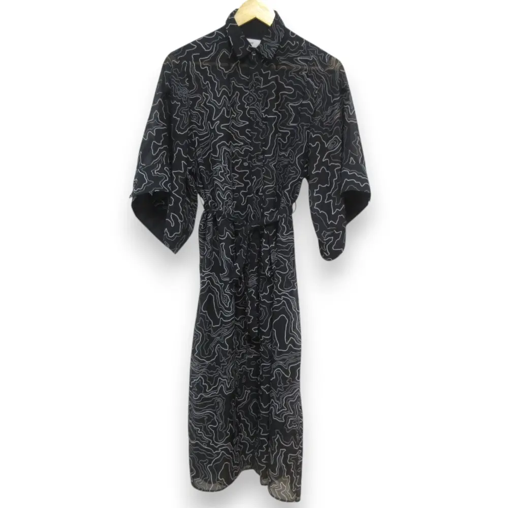 24SS HYKE ハイク CONTOUR LINE BELL-SLEEVE DRESS 総柄 ベルト付き ハーフスリーブ ロングシアーシャツドレス ワンピース S ブラック