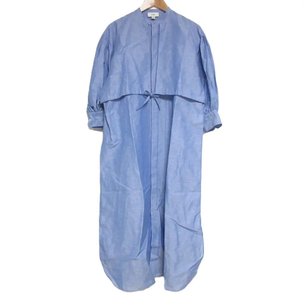 24SS HYKE ハイク リネン×コットン C/L BALLOON SLEEVE DRESS 比翼ボタン マキシ丈 ワンピース 1 ライトブルー