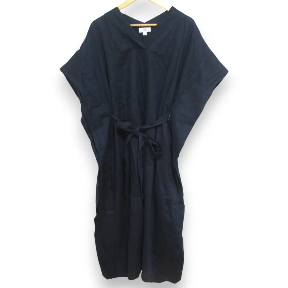 23SS HYKE ハイク LINEN PONCHO リネン100％ フレンチスリーブ ウエストベルト ロングワンピース 231-16164 サイズ1 ネイビー