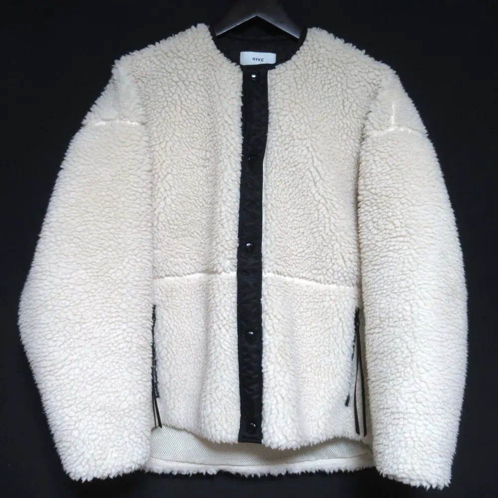 HYKE ハイク オーバーサイズ ノーカラー ボアジャケット サイズ1 オフホワイト×ブラック