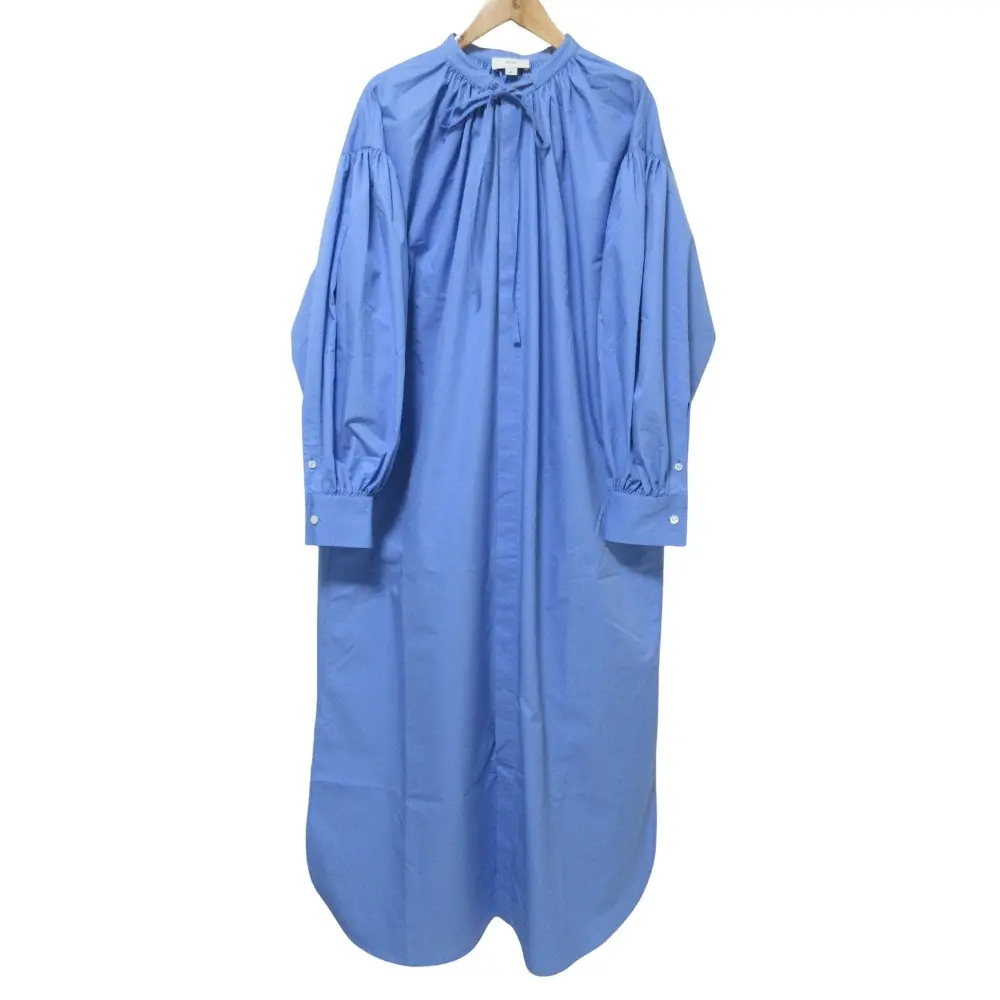 クリーニング済 22SS HYKE ハイク T/C GATHERED DRESS 長袖 ロング バンドカラー ワンピース 1 ブルー