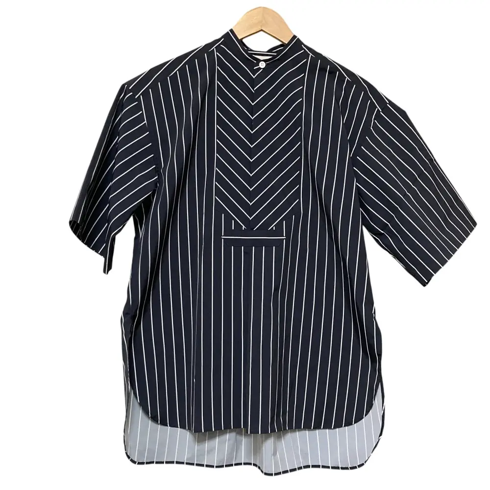 HYKE ハイク STRIPED FISHERMAN SHIRT ストライプ柄 ハーフスリーブ プルオーバー ブラウス サイズ1 ネイビー