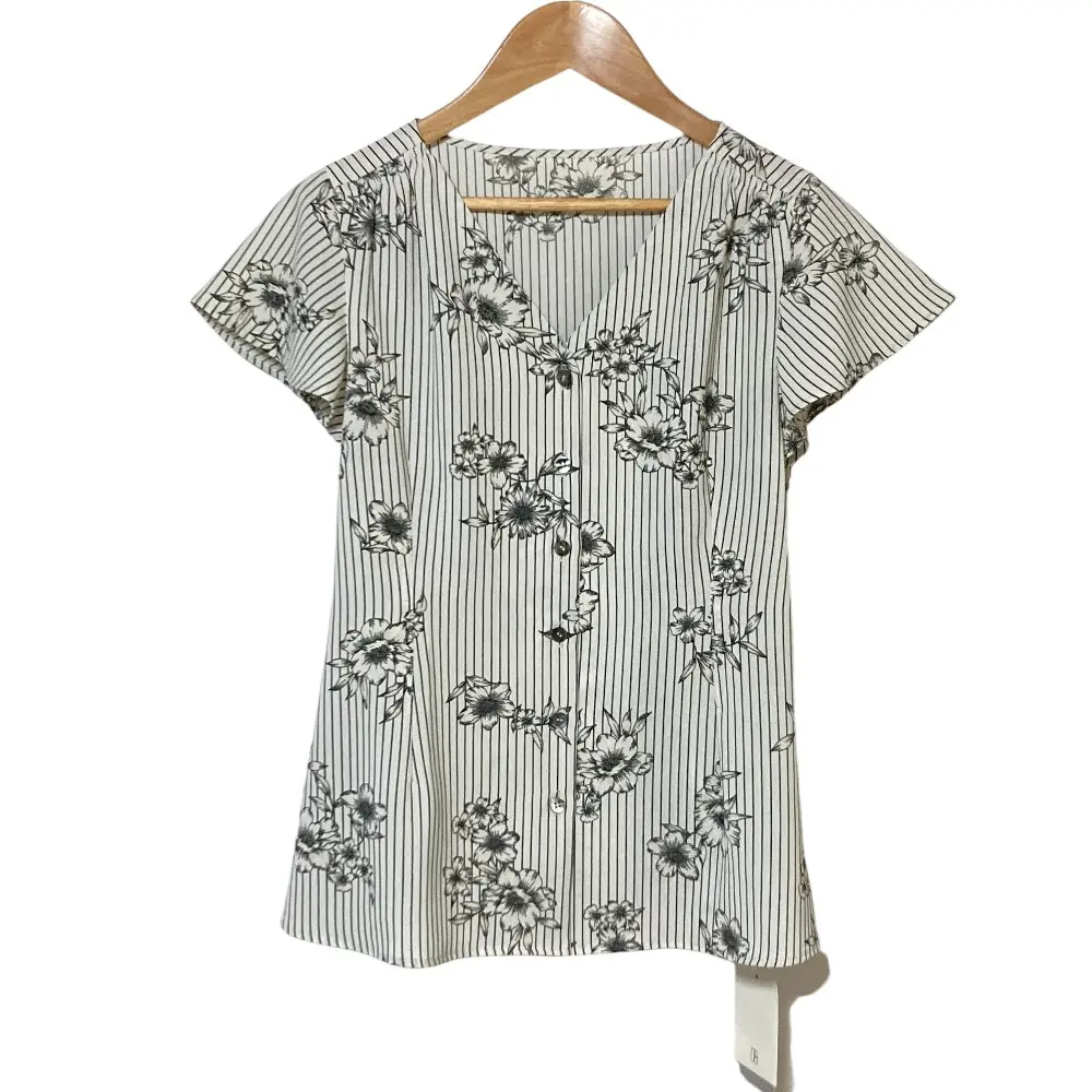 25SS IENA イエナ ストライプフラワー前釦 Vネックブラウス F キナリ 