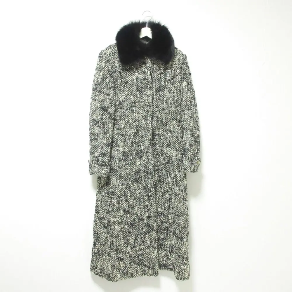 INGEBORG インゲボルグ ブルーフォックスファーカラー マキシ丈 ツイードコート ブラック×ホワイト