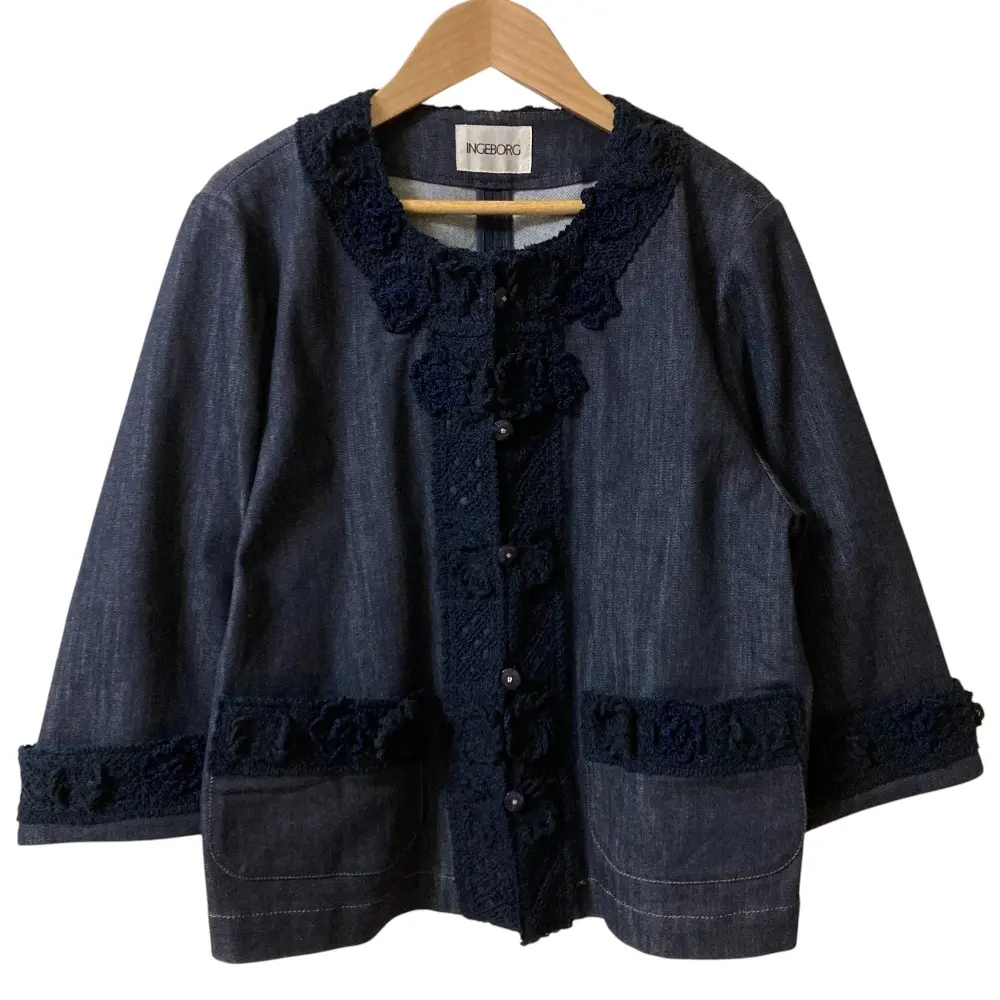 INGEBORG インゲボルグ カイハラストレッチデニムノーカラージャケット クロシェレース ブルゾン A2241FJ407 サイズ4 インディゴ