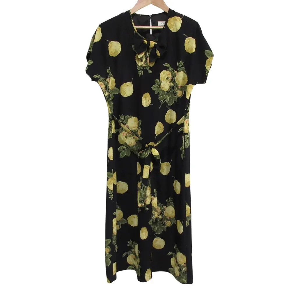 INGEBORG インゲボルグ カメリアローズ プリント リボン プリーツ ワンピース ブラック