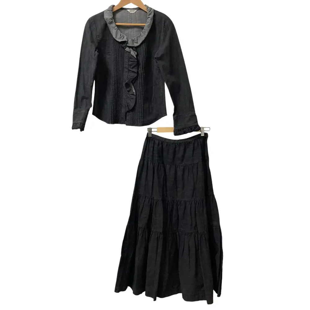INGEBORG インゲボルグ デニム フリル ジャケット ロング ティアードスカート セットアップ S/M ブラック