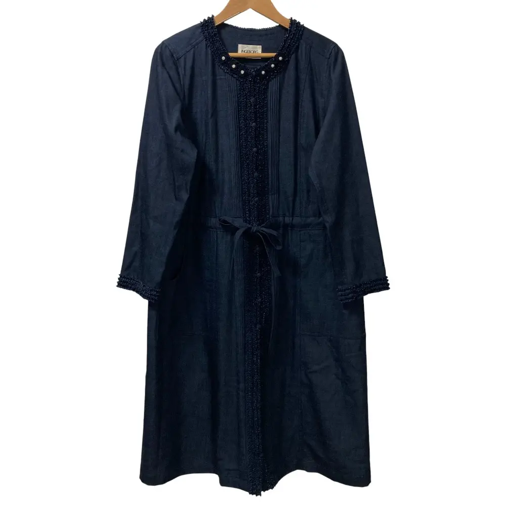 INGEBORG インゲボルグ フラワーモチーフ付フリル＆タックデザインロングワンピース サイズ4 ネイビー