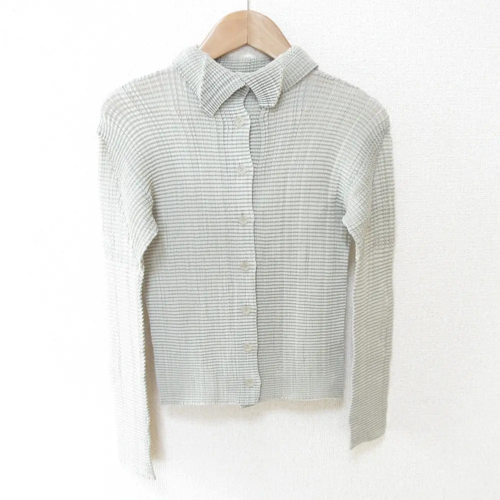 ISSEY MIYAKE PLEATS T. イッセイミヤケ ヴィンテージ 90s ロングスリーブ プリーツシャツ ブラウス カーディガン M ライトグレー