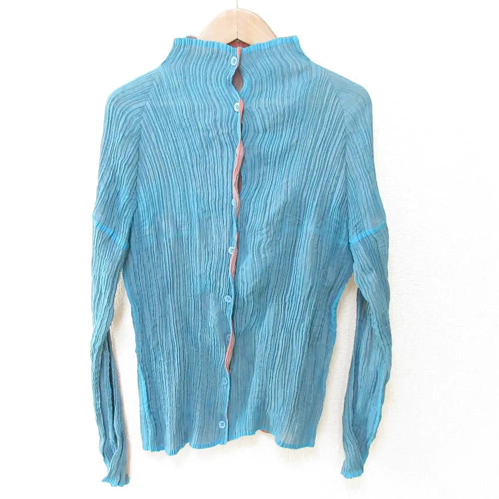 ISSEY MIYAKE イッセイミヤケ ホワイトレーベル 長袖 バイカラー プリーツシャツ ブラウス カーディガン 2 ブルー×オレンジ