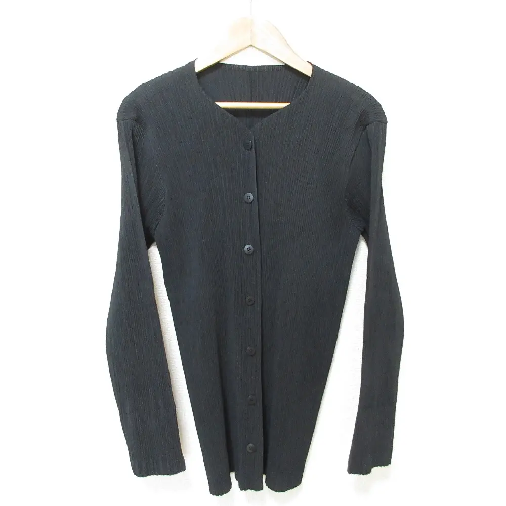 ISSEY MIYAKE イッセイミヤケ ロングスリーブ プリーツシャツ ノーカラーブラウス M ブラック