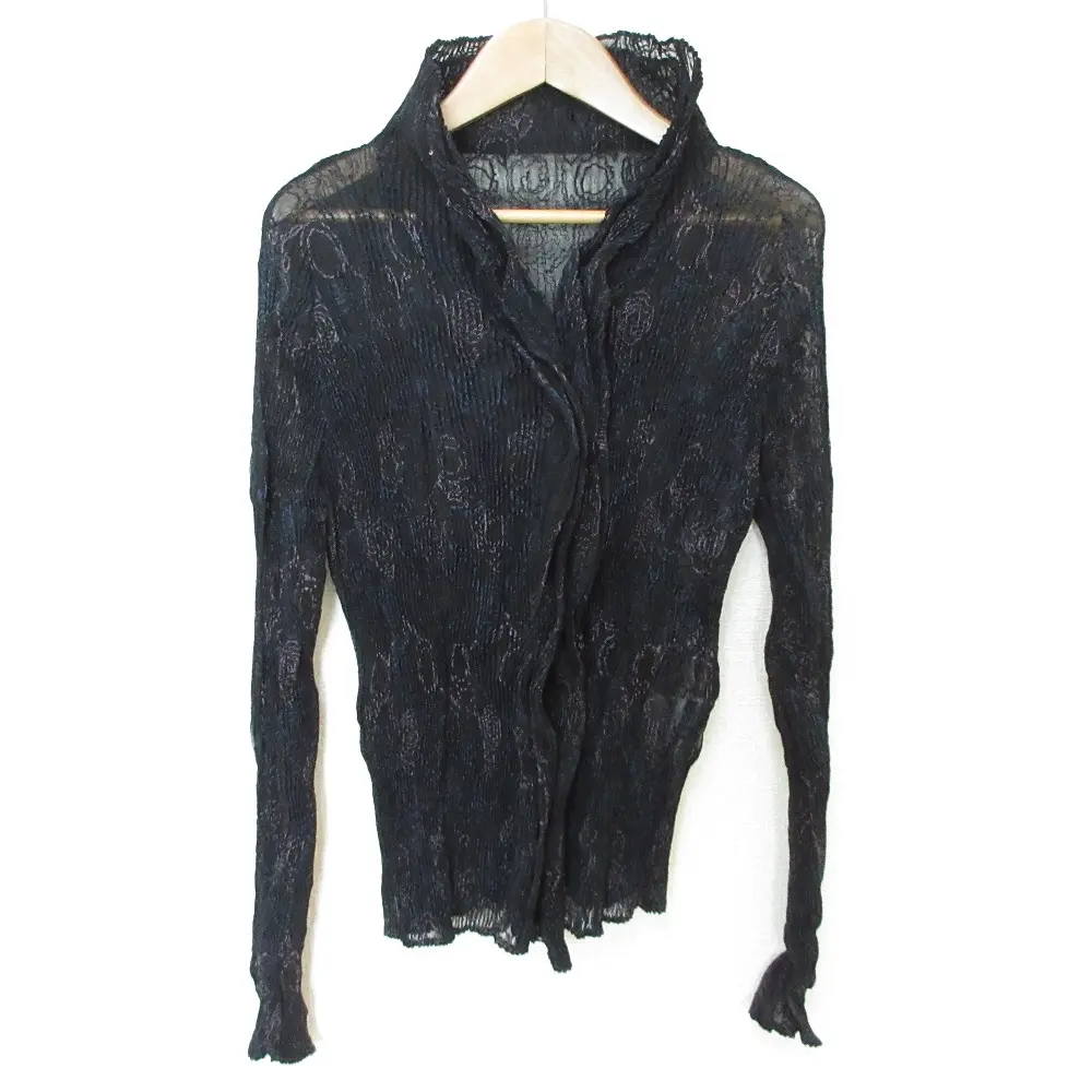 ISSEY MIYAKE イッセイミヤケ FETE プリーツ コード刺繍 シアー ブラウス シャツ カットソー 2 ブラック