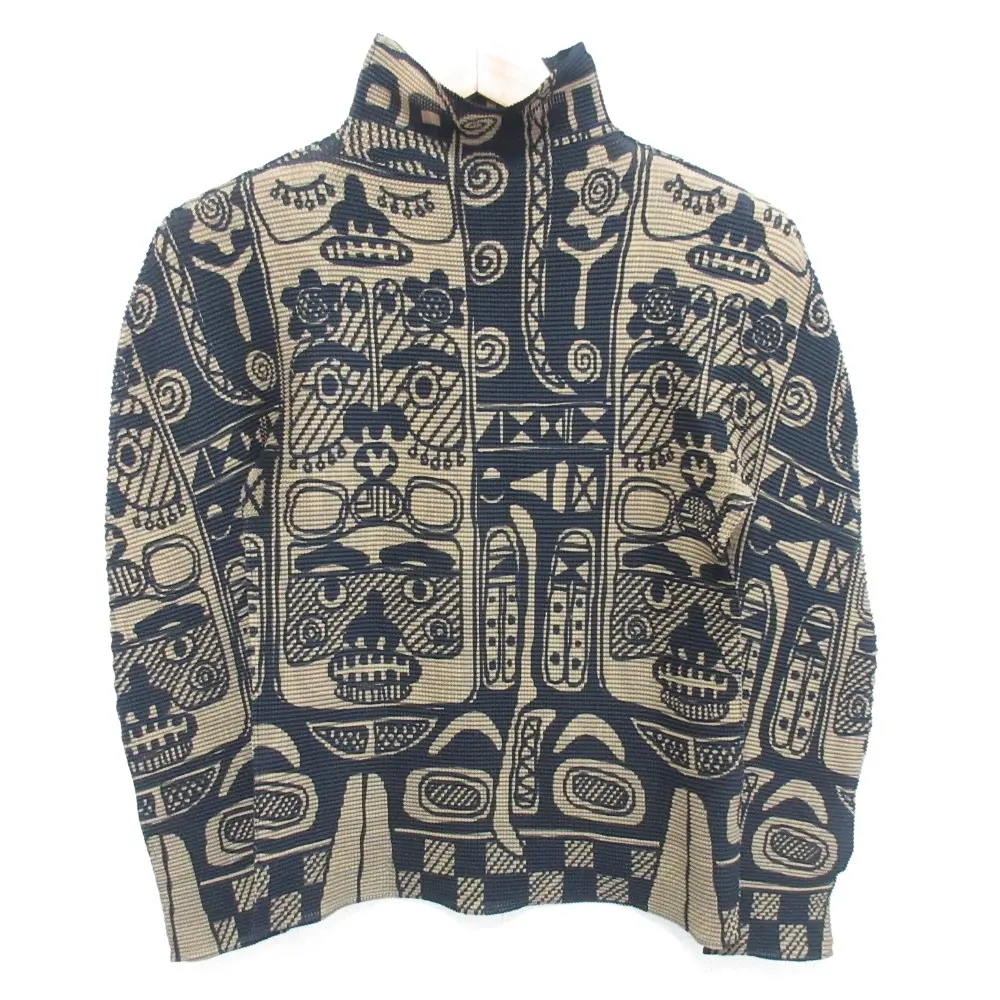 me ISSEY MIYAKE イッセイミヤケ トーテムポール柄 ロングスリーブ ボックスプリーツカットソー MI43FJ581 ブラック×ブラウン