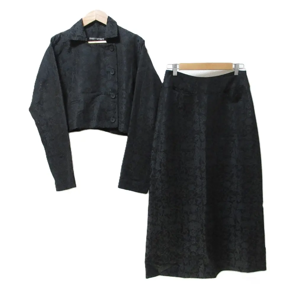 ISSEY MIYAKE イッセイミヤケ 花柄 ジャガード ショート丈ジャケット×ロングスカート セットアップ 2 M相当 ブラック