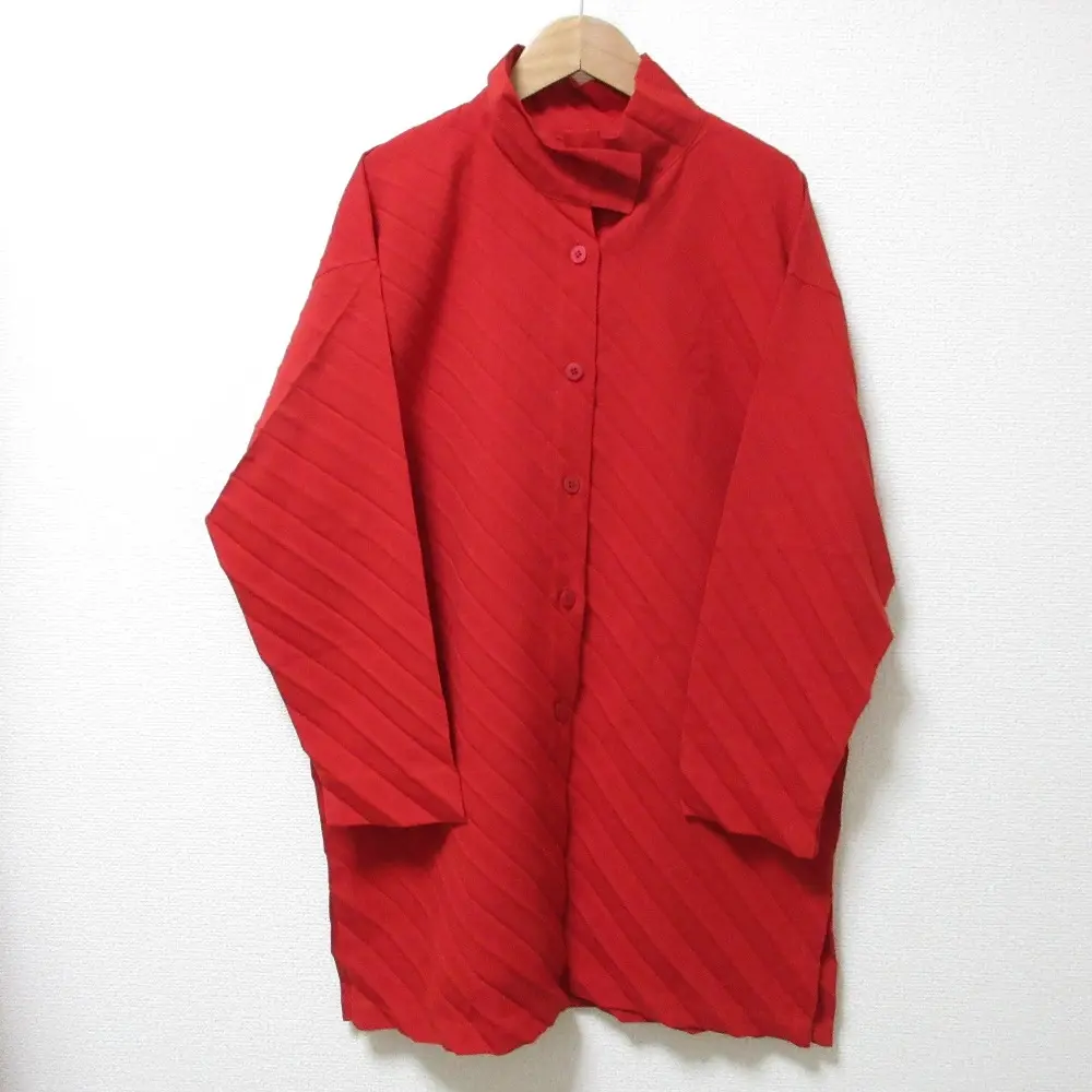 me ISSEY MIYAKE ミー イッセイミヤケ スタンドカラー 長袖 プリーツロングシャツ ブラウス MI71FJ273 レッド