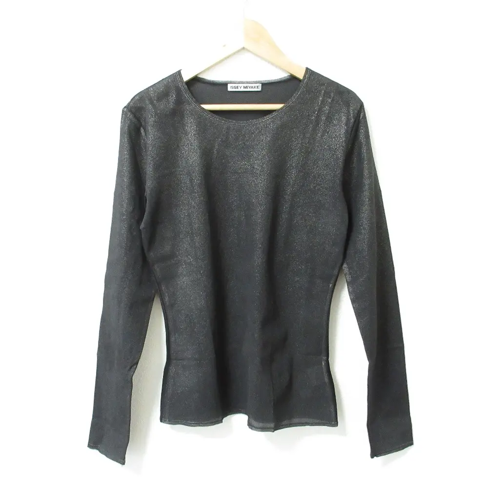 ISSEY MIYAKE イッセイミヤケ ナイロン ストレッチ クルーネック 長袖 シアー ラメカットソー プルオーバー 2 ブラック系