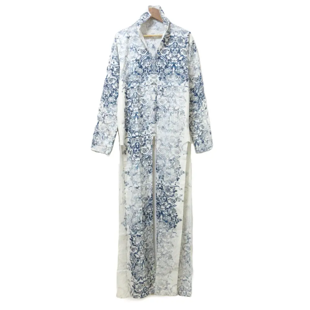 ISSEY MIYAKE イッセイミヤケ 総柄 長袖 ロングスリット デザインロングシャツ ブラウス 2 ホワイト×ブルー