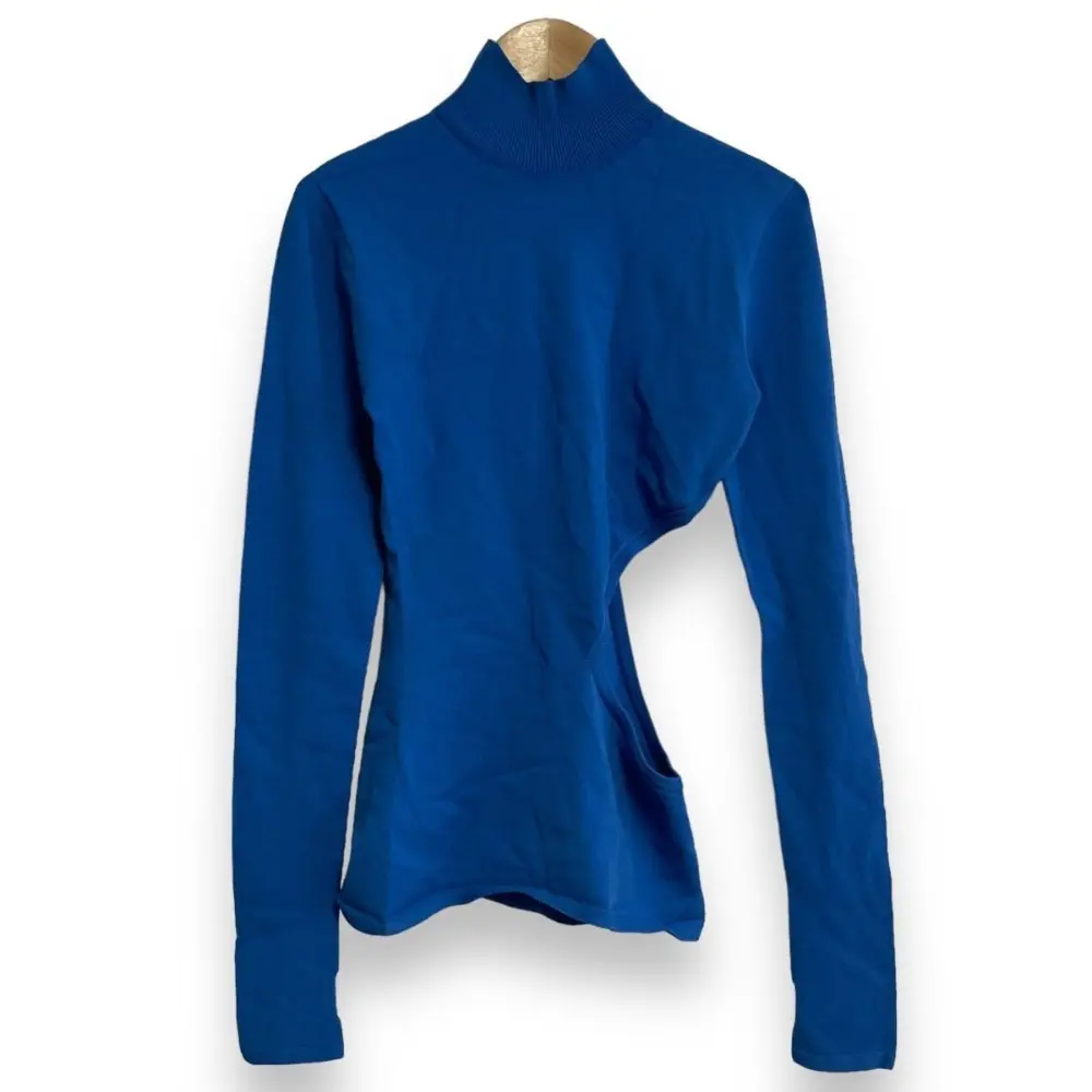24SS ISSEY MIYAKE イッセイミヤケ MELLOW STRETCH 長袖 ハイネック フィンガーホール ニット デザイン セーター 2 ブルー