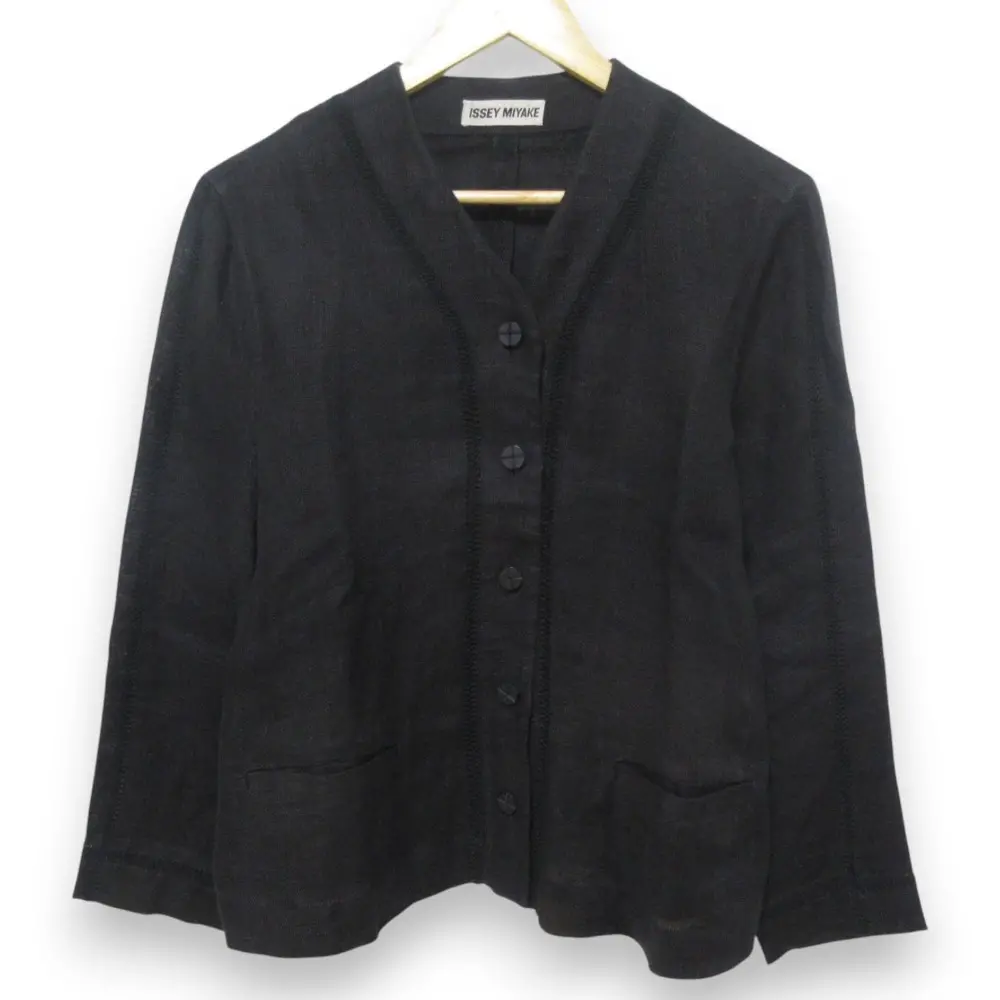 ISSEY MIYAKE イッセイミヤケ リネン100％ Vネック ノーカラージャケット Mサイズ ブラック