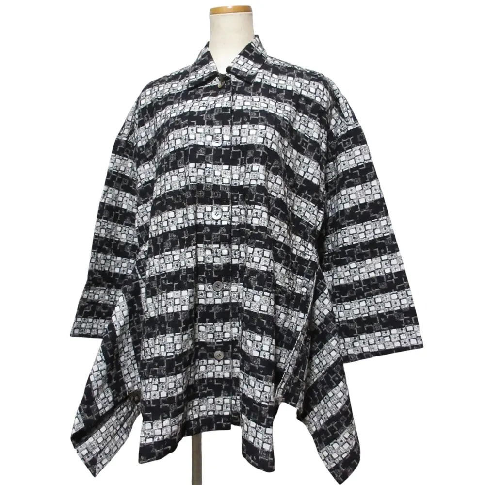 ISSEI MIYAKE イッセイミヤケ ヴィンテージ 筆タグ 織り柄チェック シャツジャケット M ブラック ホワイト