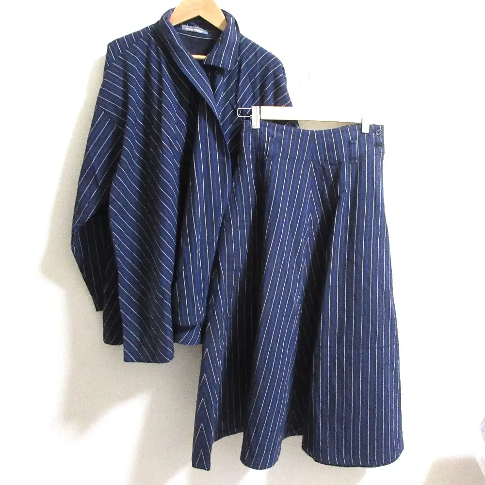 ISSEY MIYAKE イッセイミヤケ ヴィンテージ 筆タグ ストライプ シャツジャケット フレアスカート サイズM/S ブラック ブルー