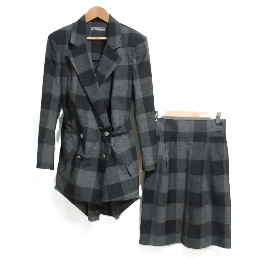イッセイミヤケ 筆タグ ヴィンテージ ブロックチェック 変形ロングジャケット ひざ上丈スカート セットアップ M ブラックグレー
