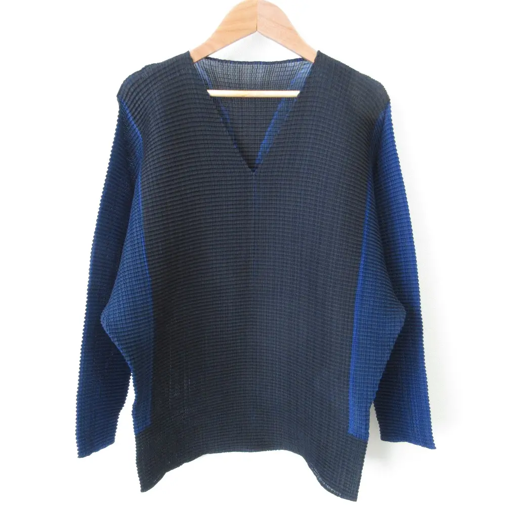 ISSEY MIYAKE イッセイミヤケ Vネック バイカラー 長袖 ボックスプリーツカットソー サイズ2 ブラック ブルー