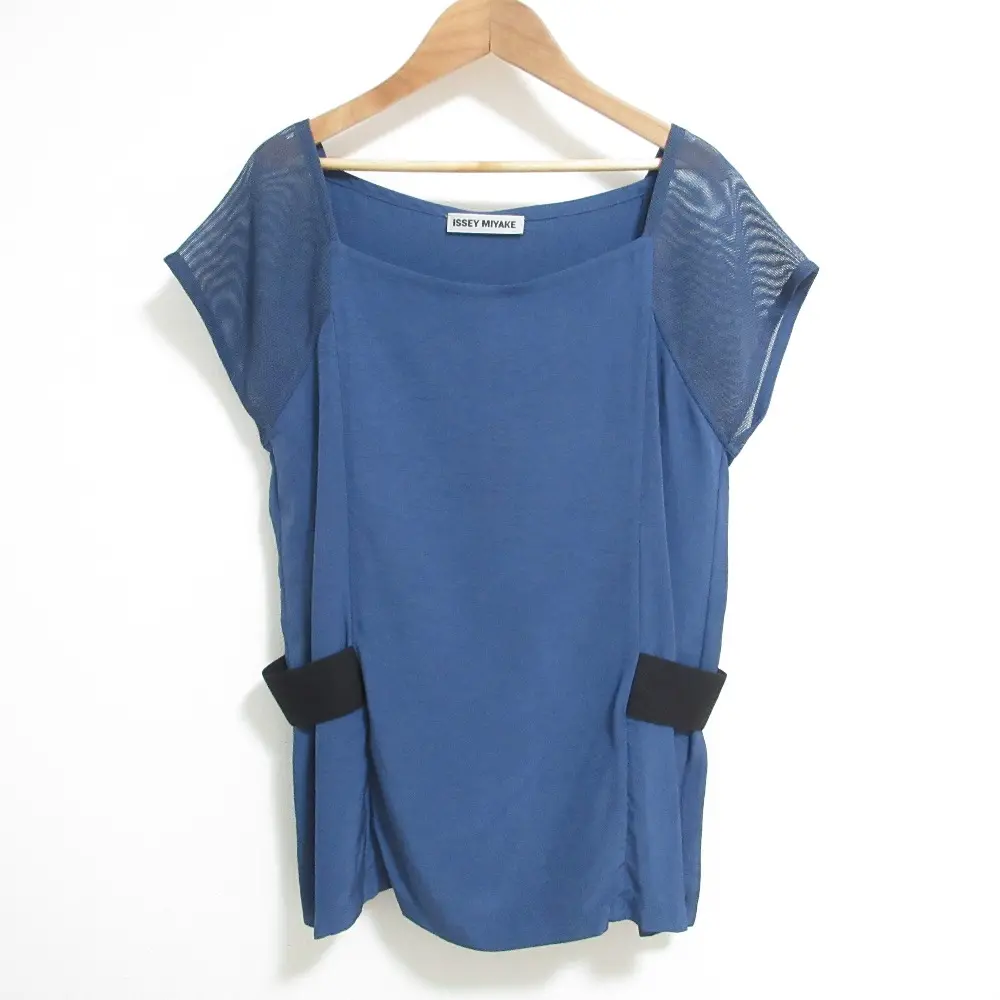ISSEY MIYAKE イッセイミヤケ メッシュショルダー ショートスリーブ スクエアネック カットソー 2 ブルー