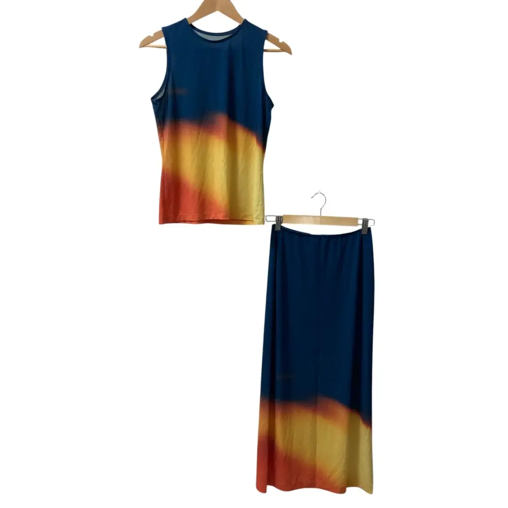 24SS ISSEY MIYAKE イッセイミヤケ LIGHT LEAK ノースリーブカットソー スカート セットアップ サイズ2 ブルー