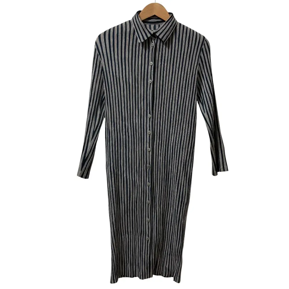 ISSEY MIYAKE FETE イッセイミヤケ フェット ストライプ プリーツ シャツワンピース IF82FH211 サイズ1 ネイビー×グレー