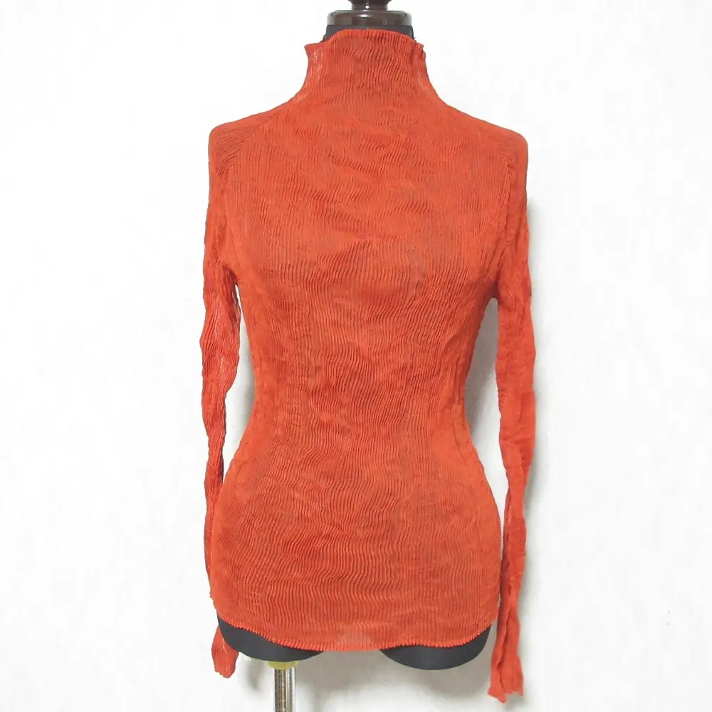 ISSEY MIYAKE イッセイミヤケ シフォンツイスト 波プリーツ ハイネック 長袖 カットソー IM93FJ412 サイズ2 オレンジレッド