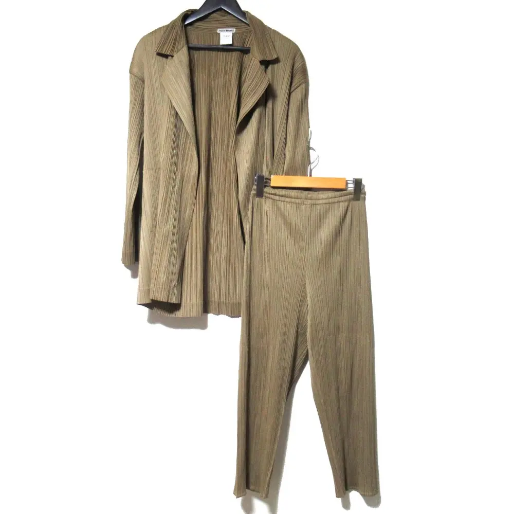 ISSEY MIYAKE イッセイミヤケ プリーツ フロントオープン ジャケット+パンツ セットアップ Mサイズ ブラウン ベージュ