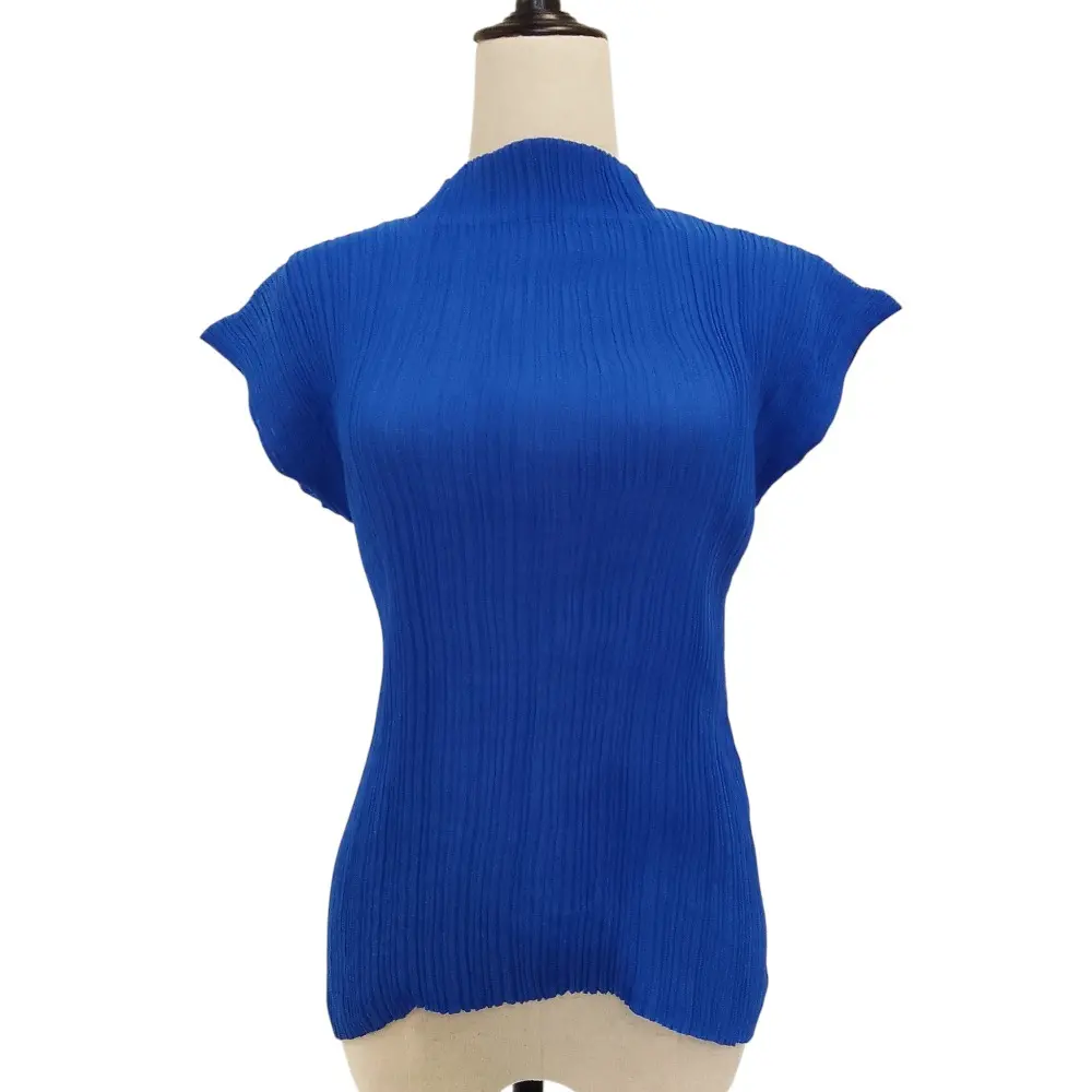 ISSEY MIYAKE イッセイミヤケ ヴィンテージ モックネック フレンチスリーブ プリーツ カットソー IM41-FJ930 サイズM ブルー