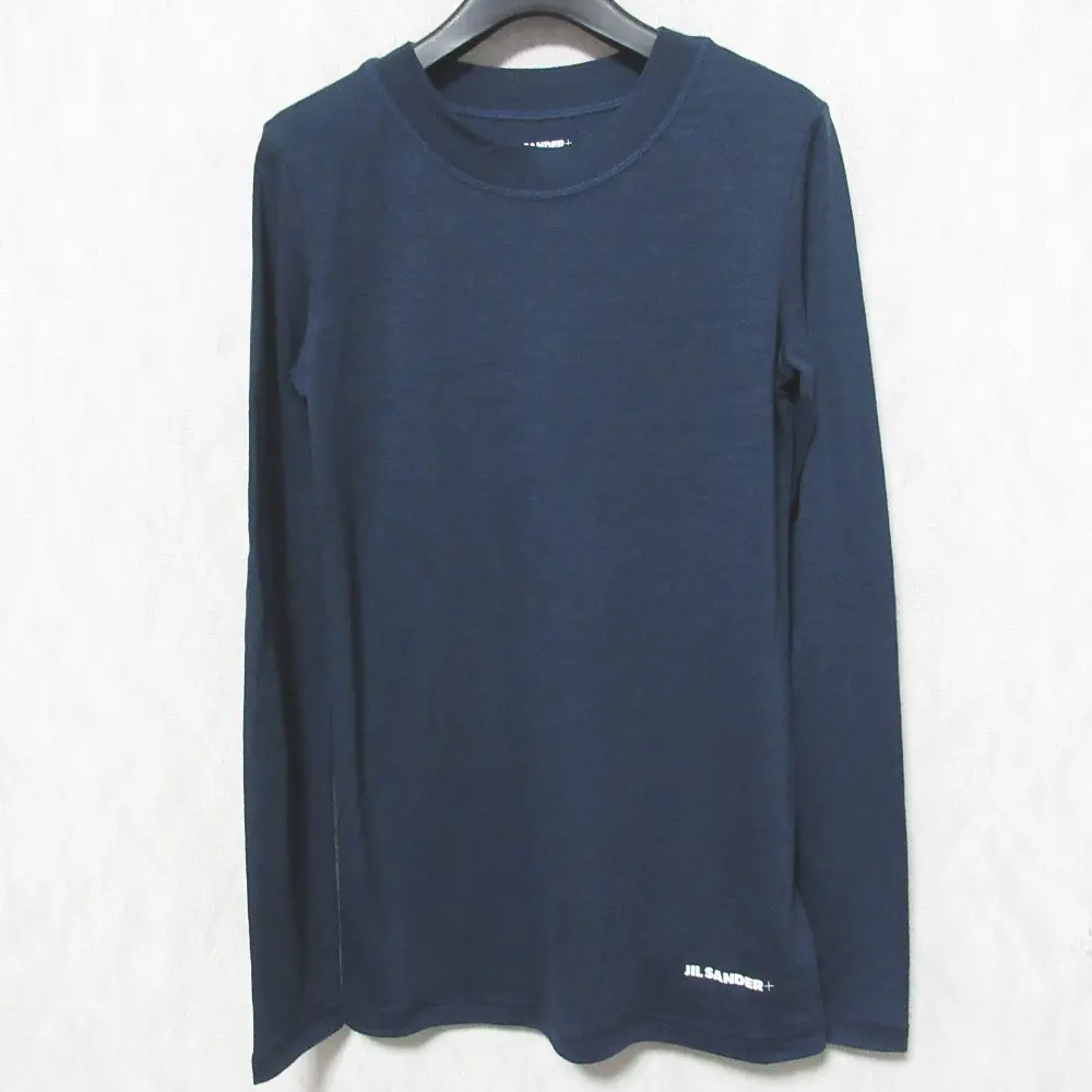 23AW JIL SANDER + ジルサンダープラス ウールブレンド ロゴプリント 長袖 Tシャツ カットソー J40GC0022 J70021 M ネイビー